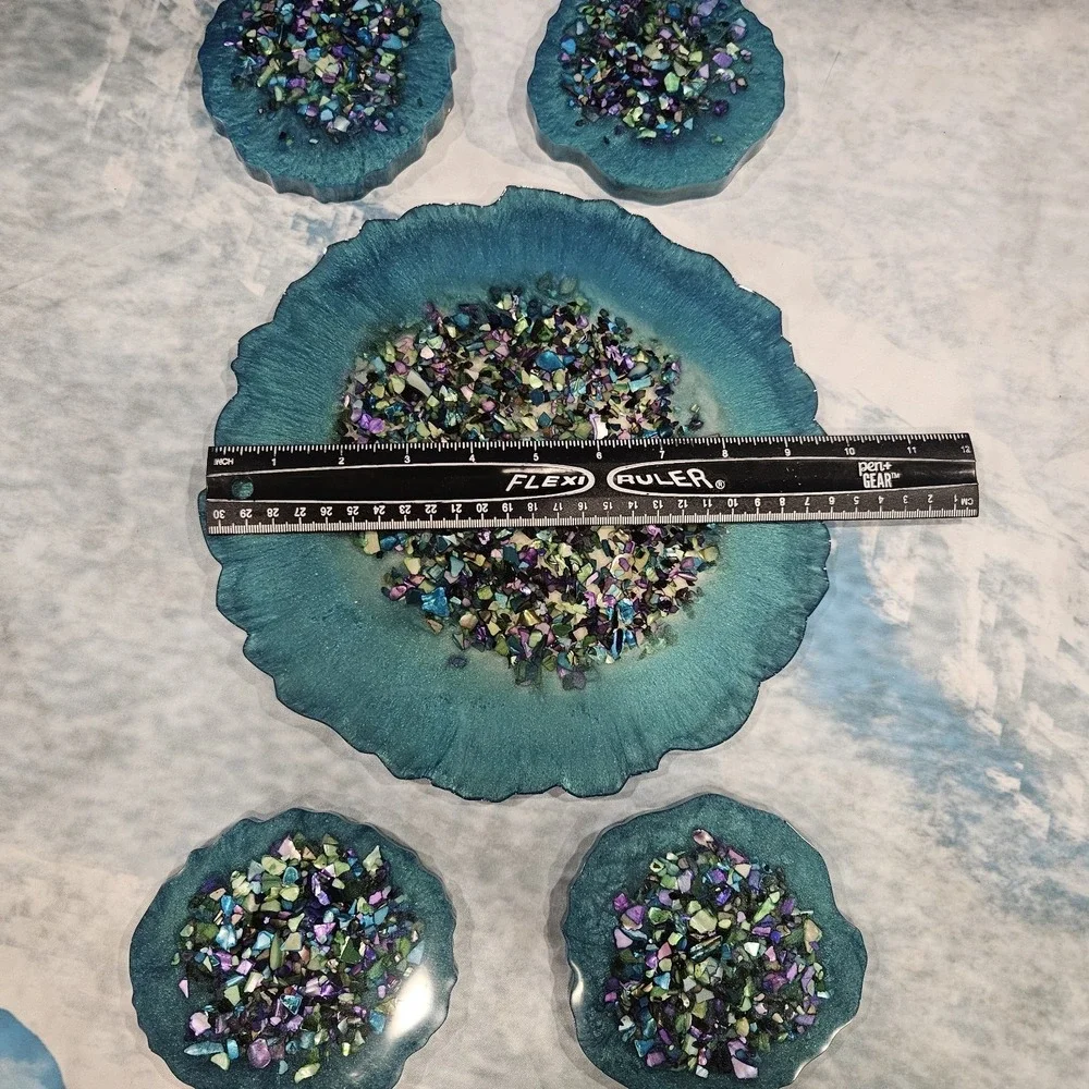 Handmade Teal Resin Coaster Set‎ Geode Style Iridescent Drink Coasters Set Of 5